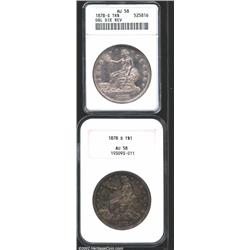 1878-S T$1 AU58 ANACS, Doubled Die Reverse, remnants of original luster cling to certain areas on bo