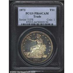 1873 T$1 PR64 Cameo PCGS. Struck from an early die state of the so-called "Patched Letters Reverse,"