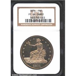 1874 T$1 PR64 Cameo NGC. "Patched Letters Reverse," as are most extant proof 1874 Trade Dollars. Aft