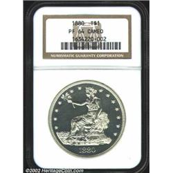 1880 T$1 PR64 Cameo NGC. The crossbar of the 4 in 420 GRAINS is incomplete, although it does not hav