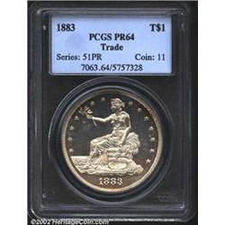 1883 T$1 PR64 PCGS. Peripherally toned, the mostly brilliant centers sparkle within halos of golden-