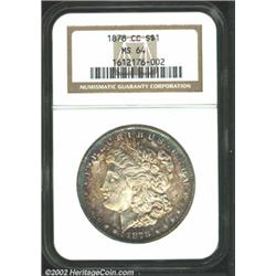 1878-CC S$1 MS64 NGC. Gorgeous peripheral cobalt-blue and golden-brown patina. Well struck in the ce