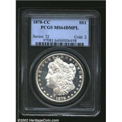 1878-CC S$1 MS64 Deep Mirror Prooflike PCGS. The frosty devices have spectacular contrast with the d