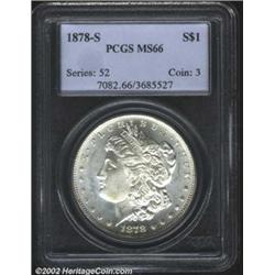 1878-S S$1 MS66 PCGS. A flashy Gem that has a hint of tan patina in the centers. Well struck and exq