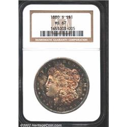 1880-S S$1 MS67 NGC. Deep crimson, golden-brown, and powder-blue patina. A seemingly prooflike Super