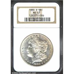 1880-S S$1 MS67 NGC. The right obverse field has rich peach patina. A flashy Superb Gem with a bold.