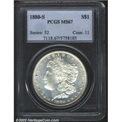 1880-S S$1 MS67 PCGS. The periphery has wispy tan-gold patina. A well struck Superb Gem with pleasin