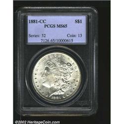 1881-CC S$1 MS65 PCGS. A well struck and lustrous Gem that has lightly variegated apricot patina on.
