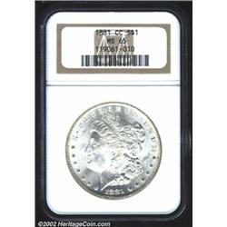 1881-CC S$1 MS65 NGC. A razor-sharp Gem with flashy luster and brilliant surfaces. The reverse is vi