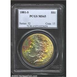 1881-S S$1 MS65 PCGS. The obverse has gorgeous bands of gold, violet, and sea-green patina. Well str