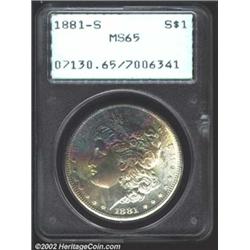 1881-S S$1 MS65 PCGS. The obverse has stunning bands of sea-green, violet, and gold patina. Well str
