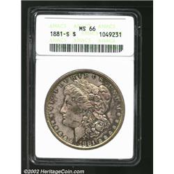 1881-S S$1 MS66 ANACS. Dappled lavender, green-gray, and gold patina. A well struck and lustrous Gem