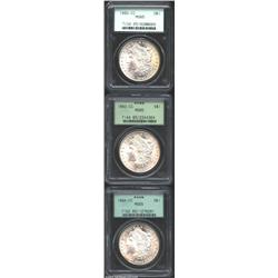 1882-CC S$1 MS65 PCGS; 1883-CC MS65 PCGS; and an 1884-CC MS65 PCGS. All are fully frosted with bold.