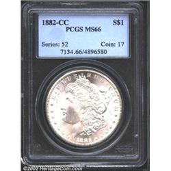 1882-CC S$1 MS66 PCGS. A razor-sharp Gem that has flashy cartwheel luster and mildly reflective fiel