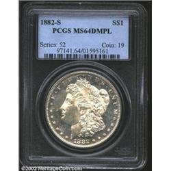 1882-S S$1 MS64 Deep Mirror Prooflike PCGS. Good mirrored surfaces with moderate frosting and light.