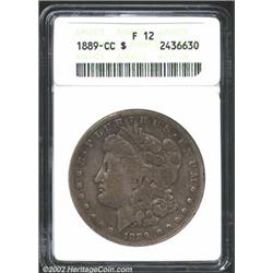 1889-CC S$1 Fine 12 ANACS. The rim has minor abrasions at 3 and 4 o'clock on the obverse, and 1 and.