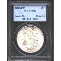 1892-CC S$1 MS63 PCGS. The portrait has a blush of apricot patina. A lustrous and mildly prooflike e