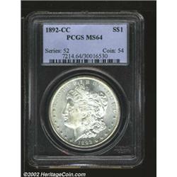 1892-CC S$1 MS64 PCGS. The devices have light apricot-tan patina. A lustrous near-Gem with a bold st