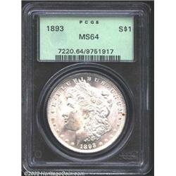 1893 S$1 MS64 PCGS. Generally brilliant, but the cheek has a wisp of gold patina. The top of the 3 i