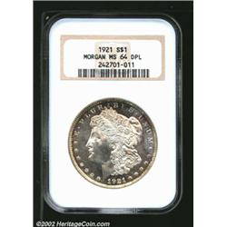 1921 S$1 MS64 Deep Mirror Prooflike NGC. The peripheries have champagne-gold patina. The fields have