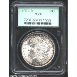 1921-D S$1 MS66 PCGS. The obverse has electric-blue and tobacco-gold peripheral patina. A lustrous G