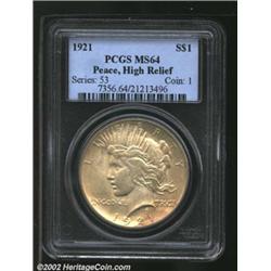1921 S$1 MS64 PCGS. Dusky yellow-tan patina. Impressively preserved, with moderate luster and an abo