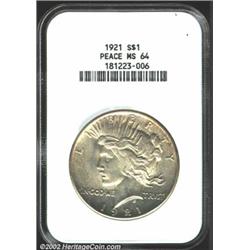 1921 S$1 MS64 NGC. A gently toned near-Gem with good luster and impressive preservation. The grade i