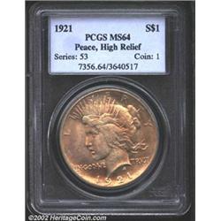 1921 S$1 MS64 PCGS. Rich copper tinged iridescence blankets both sides of this lustrous and wholly o