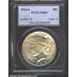 1924-S S$1 MS64 PCGS. Both sides have rich blushes of apricot-gold patina. A lustrous near-Gem with.