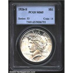 1926-S S$1 MS65 PCGS. Well above average for an S-mint Peace Dollar, the surfaces exhibit at least b