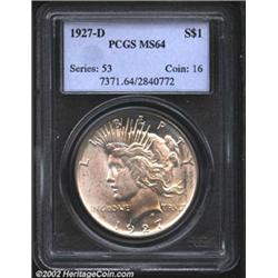 1927-D S$1 MS64 PCGS. A lightly abraded near-Gem, this lustrous example has light golden toning and.