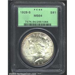 1928-S S$1 MS64 PCGS. Frosty in texture with original gold and lilac peripheral shadings, this is an