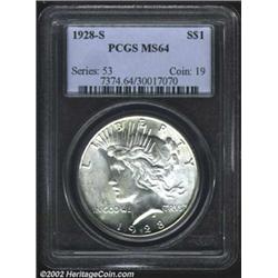 1928-S S$1 MS64 PCGS. Bright-white with a near-full strike and a few light abrasions as one might ex