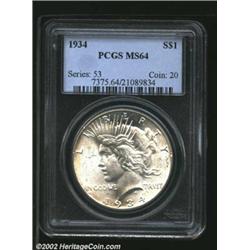 1934 S$1 MS64 PCGS. The borders are lightly toned. A well struck and highly lustrous near-Gem that h