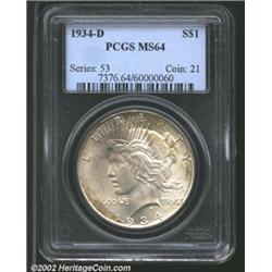 1934-D S$1 MS64 PCGS. The dusky russet and green-gray patina is largely confined to the peripheries.