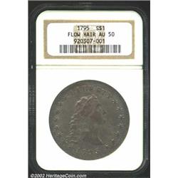 1795 S$1 Flowing Hair, Three Leaves AU50 NGC. B-6, BB-25, R.3. Die State II. The obverse die used to