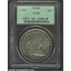 1797 S$1 10x6 Stars VF20 PCGS. B-3, BB-71. An original coin that has deep toning around the margins.