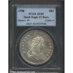 1798 S$1 Small Eagle, 13 Stars AU50 PCGS. B-1, BB-82, R.3. Die State II. This variety is the only 17