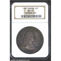 1795 S$1 Draped Bust, Off Center AU50 NGC. B-14, BB-51, R.2. The bust on this variety is off-center,