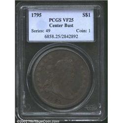 1795 S$1 Draped Bust VF25 PCGS. B-15, BB-52, R.2. Even, dark gray toning with lighter golden accents