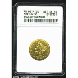 1841-D $5 Tall D--Tooled, Cleaned--ANACS. AU Details, Net XF40. Winter 5-B. Breen estimated that jus