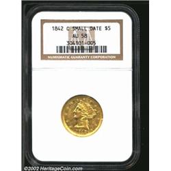 1842-C $5 Small Date AU58 NGC. Winter 4-C, the only known dies. Die State I. The rarest collectible.