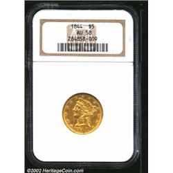 1844 $5 AU58 NGC. Bright luster flows across the borders and devices. A pinscratch in the field near