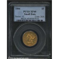 1846 $5 Small Date XF40 PCGS. Subdued luster radiates from portions of the legends and devices. A ni