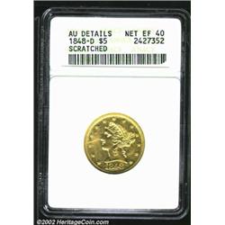 1848-D $5--Scratched--ANACS. AU Details, Net XF40. Winter 15-J. The obverse has been cleaned and has
