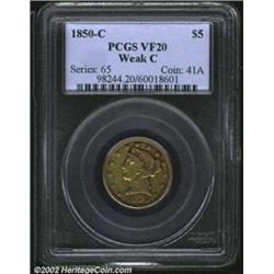1850-C $5 Weak C VF20 PCGS. A glass will be needed to see it, but the outline of the mintmark is unm