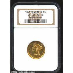 1851-D $5 Weak D AU55 NGC. Formerly sold as lot 720 in the Walter Childs Collection, where it was de