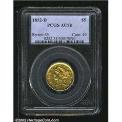 1852-D $5 AU58 PCGS. The 1852-D has the second largest mintage among Dahlonega Fives with 91,584 pie