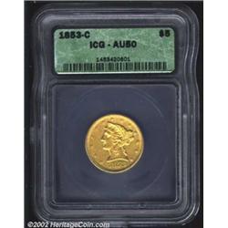 1853-C $5 AU50 ICG. A scarce D-mint five that is much more elusive than its mintage of 65,571 would.
