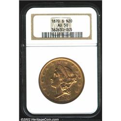 1870-S $20 AU50 NGC. A sharply struck Double Eagle with ample luster, but the obverse is peppered wi